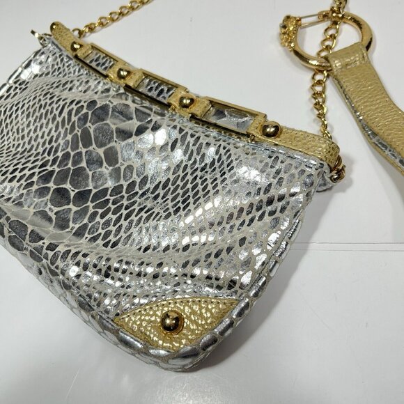 MICHELLE MONROE Croc Embossed Silver Gold Convertible Clutch Bag Key Chain Flaw - Picture 7 of 10